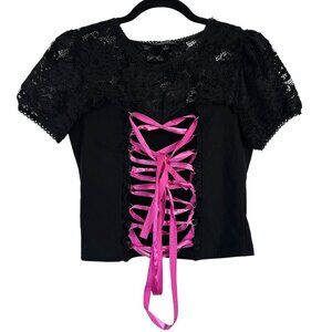 Dolls Kill Widow Disorderly Conduct Pink Lace Up Lace Sleeve Bustier Top Large